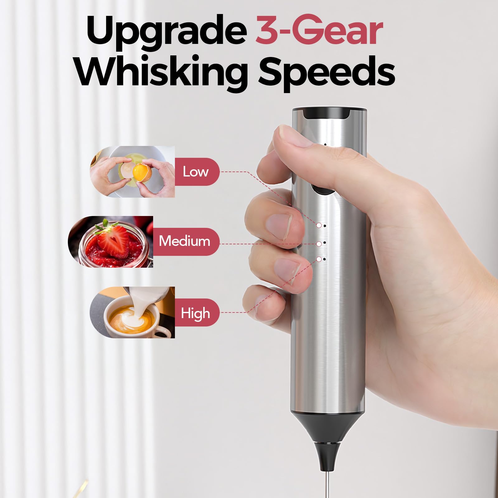 Espumador de leche de mano recargable de acero inoxidable con soporte, batidor eléctrico ajustable de 3 velocidades con 2 batidores de acero inoxidable, mezclador de bebidas para café 3