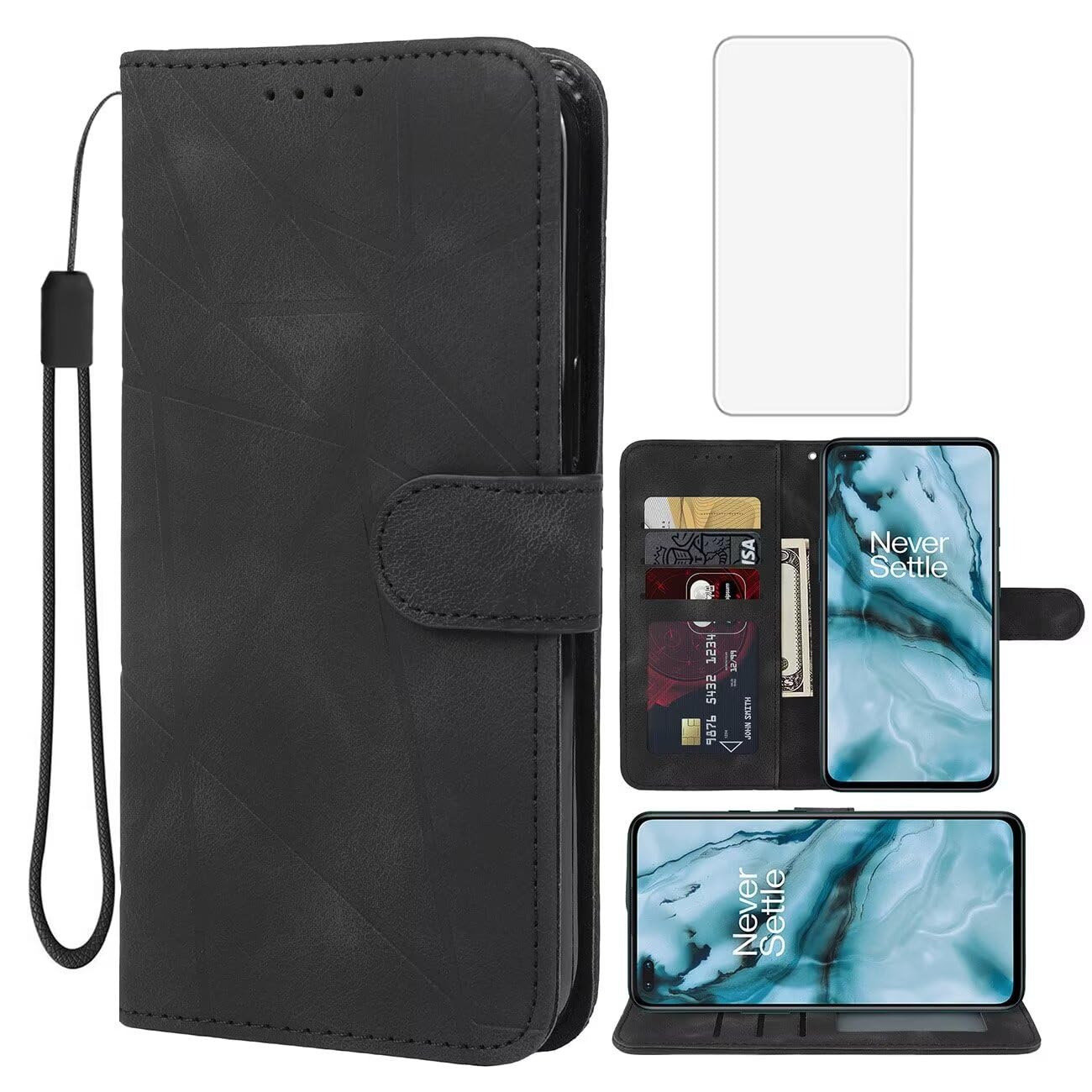 Wanyuexes Case for Oneplus Nord Case. Oneplus Nord 5G AC2001 AC2003 Wallet Case with Tempered Glass Screen Protector, Leather Flip Credit Card Holder Stand Phone Cover for Oneplus Nord 5G Black