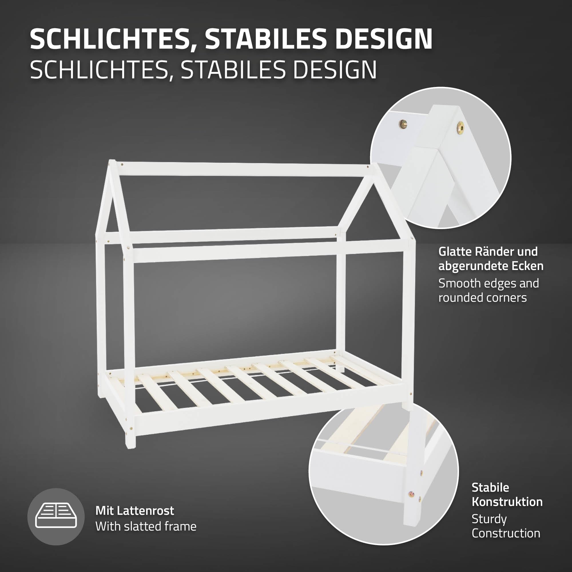 ML-Design Letto a Casetta per Bambini 80 x 160 cm Bianco, in Legno di Pino Massiccio, Forma di Casa con Tetto e Rete a Doghe, Lettino a Terra Stile Montessori per Cameretta dei Ragazzi