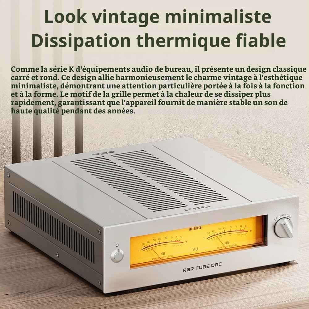FiiO Warmer R2R Amplificateur de Bureau à Tubes & DAC/Amp R2R – Échelle de Résistances R2R Différentielle Complète 24 Bits, Doubles Compteurs VU, Alimentation Linéaire de 46W, Entrées USB/Optique