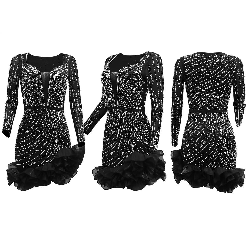 Mini Vestido Ajustado De Manga Larga De Malla De Corte Bajo para Mujer Traje Plisado De Moda con Diamantes De Imitación Y Dobladillo con Volantes para Fiesta Y Club Nocturno