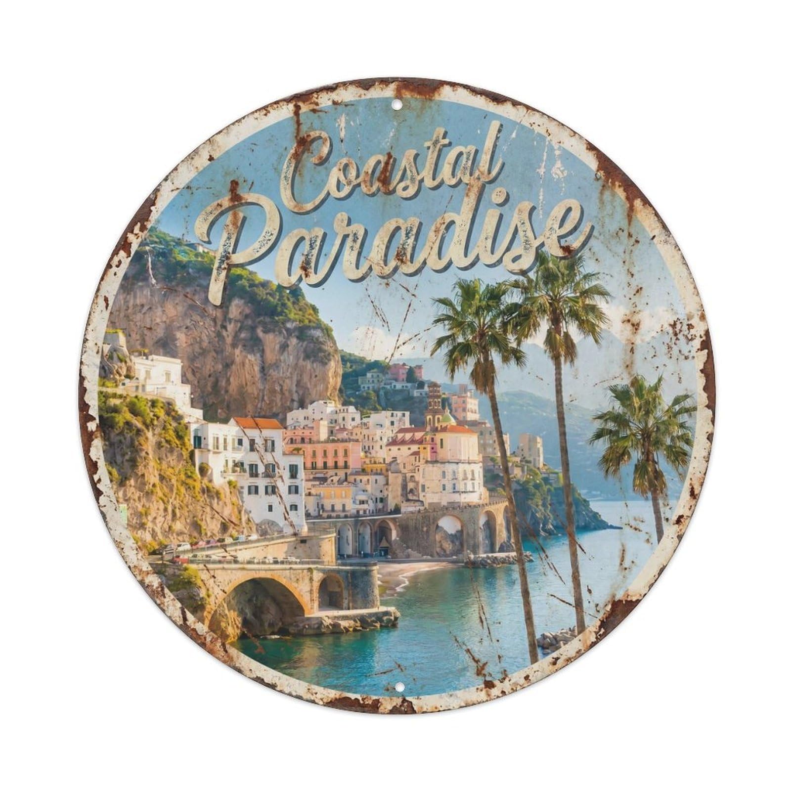 Retro Amalfi Palm Tree Coastal Village Panorama Landscape Metal Tin Sign Plaque Wall Decor for Cafe, Man Cave, Club Bar, Office, Home Garden Round Metal Poster 8x8Inch