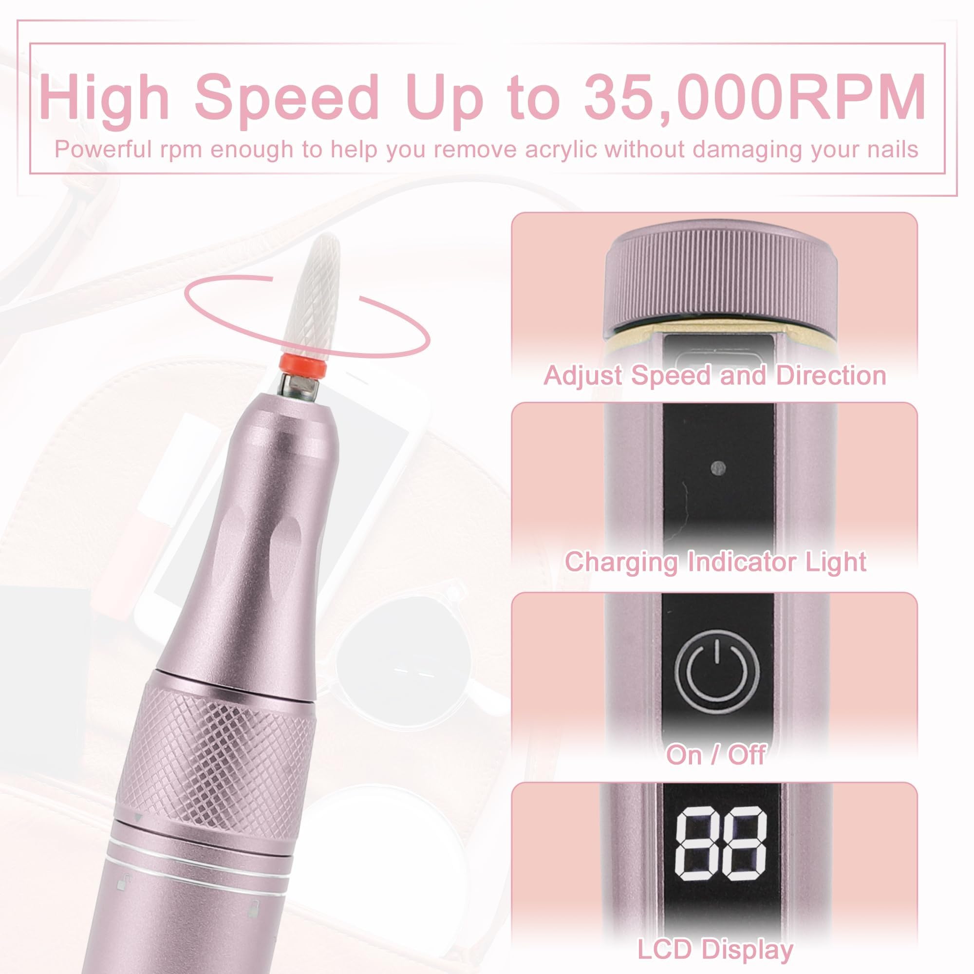 Lima de uñas inalámbrica, pulidora eléctrica de uñas, 35000 RPM, velocidad ajustable, aleación de aluminio, carga USB portátil, ideal for el cuidado de las uñas y salones de belleza.(Rose gold)