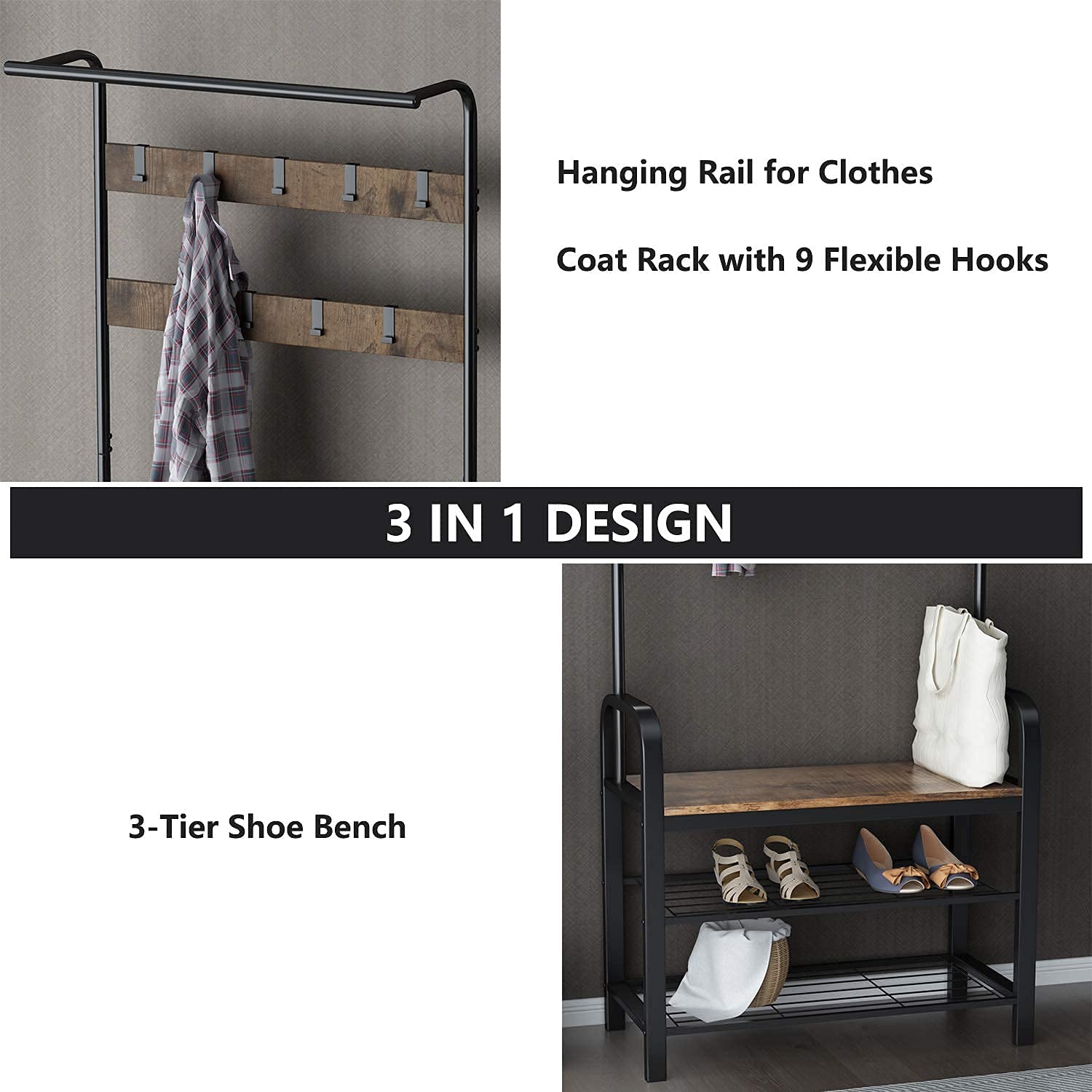 Allewie Coat Rack Entryway Shoe Bench, Entry Hall Tree with 3Tier