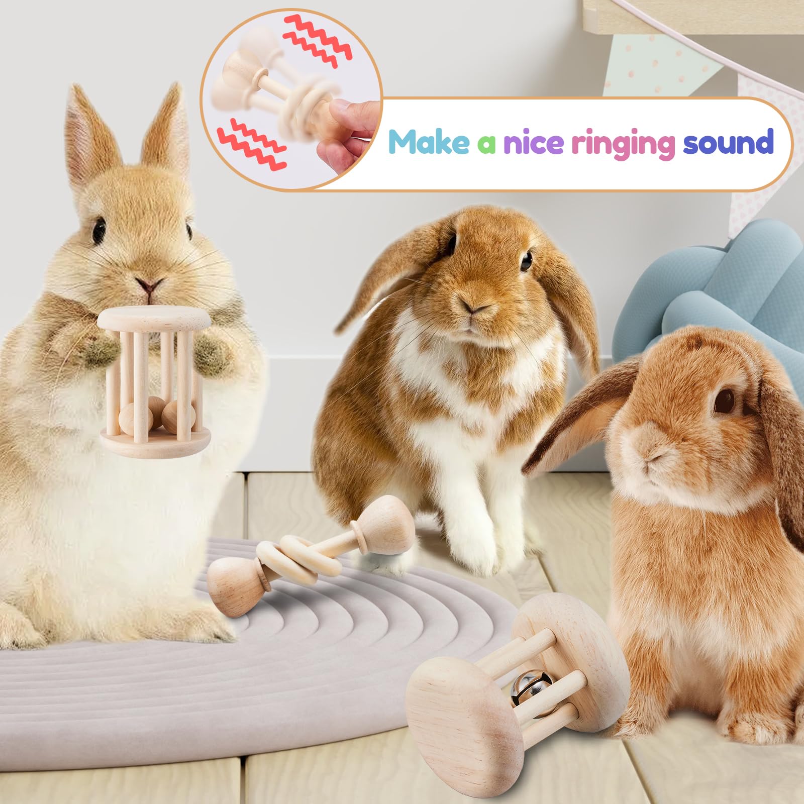 Brinquedos Madeira Para Coelhos - 3 Peças Seguras E Coloridas Para Pequenos Animais