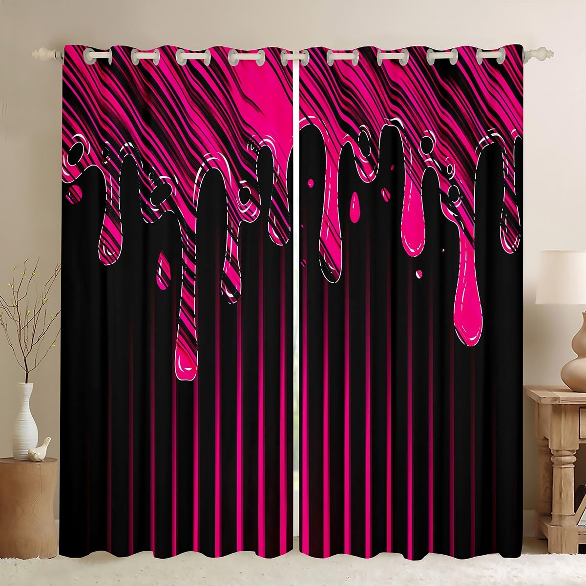 Feelyou Ombre Hot Pink Black Darkening Dreapes (2 Panels, 52 x 90 Inch) Geometric Stripes Curtains for Bedroom Living Room Abstract Art Blackout
