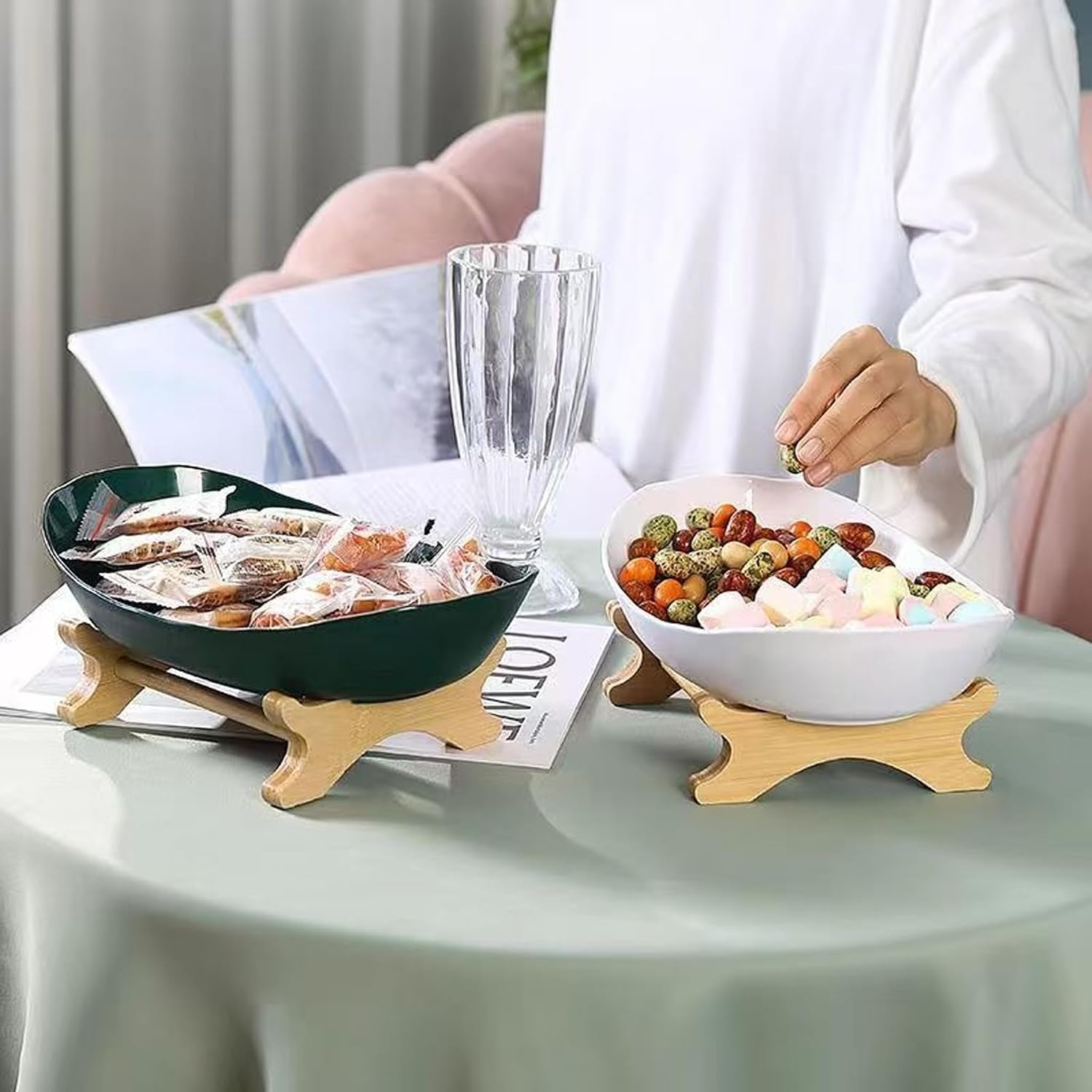 Cesta de frutas de bambú, cuenco ovalado desmontable de 2 niveles, organizador de ahorro de espacio para encimera de cocina, diseño apilable para frutas y verduras del hogar, almacenamiento de cocina