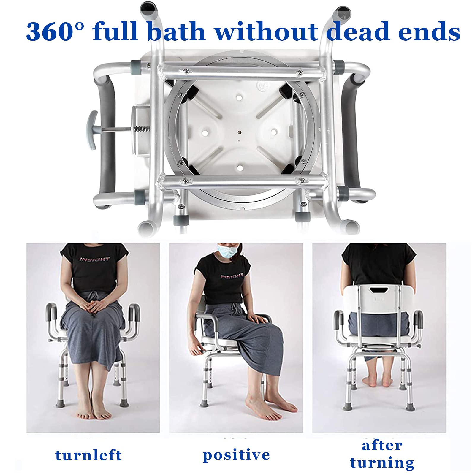 Taburete de ducha giratorio para ancianos y discapacitados, asiento de baño de altura ajustable con brazos, diseño antideslizante impermeable, aluminio, carga máxima 180 kg