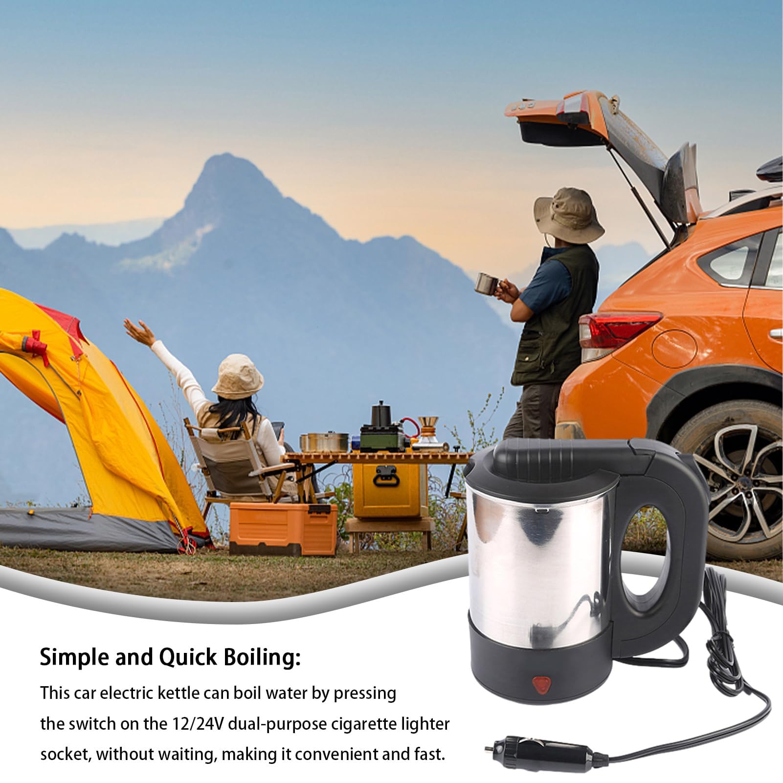 Hervidor eléctrico portátil para coche, calentador de agua de viaje de acero inoxidable para agua caliente, café y té, calefacción eficiente, diseño compacto para uso en movimiento