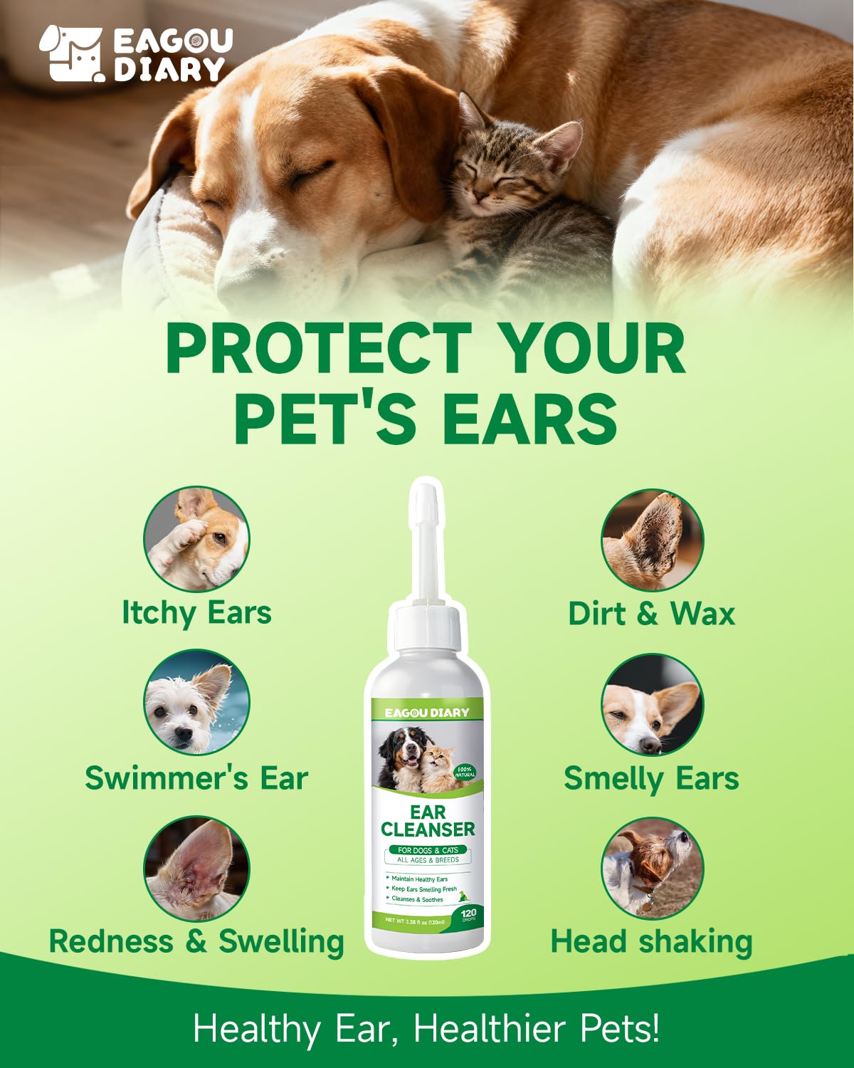 Eagou Diary Dog Ear Cleaner Solution - Cat Dog Ear Infection Treatment, Removes Debris, Wax, Odor, Itch Relief - Pet Ear Wash, Flush and Care with Aloe, Lavender, Chamomile, Ear Drops for Dogs Cats - image 2