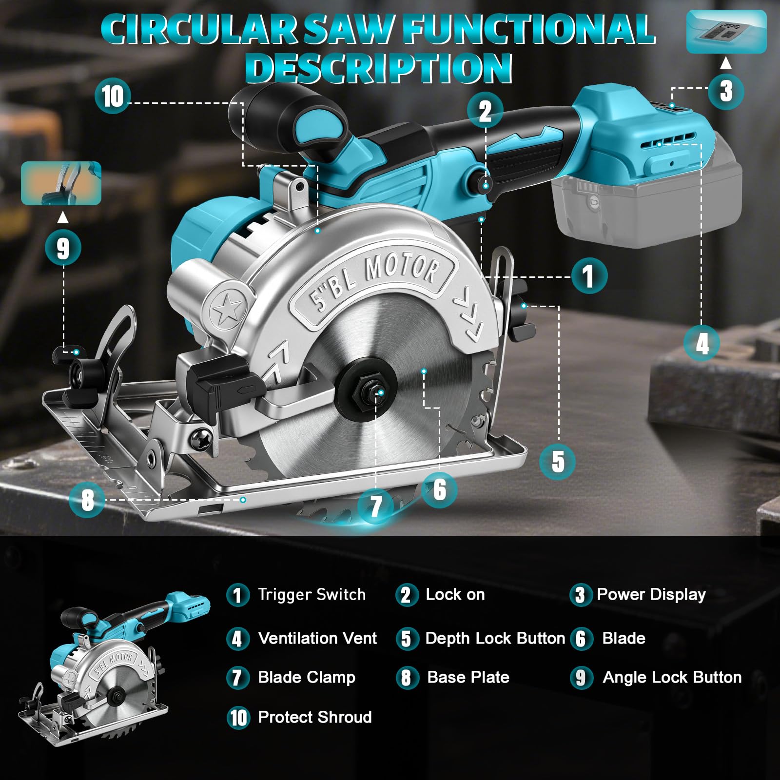 Sega circolare a batteria da 125 mm per batteria Makita da 18 V (senza batteria), motore senza spazzole 0-6500 giri/min, angolo di taglio 0-45°, profondità di taglio 41 mm (90°) 21 mm (45°), per legno