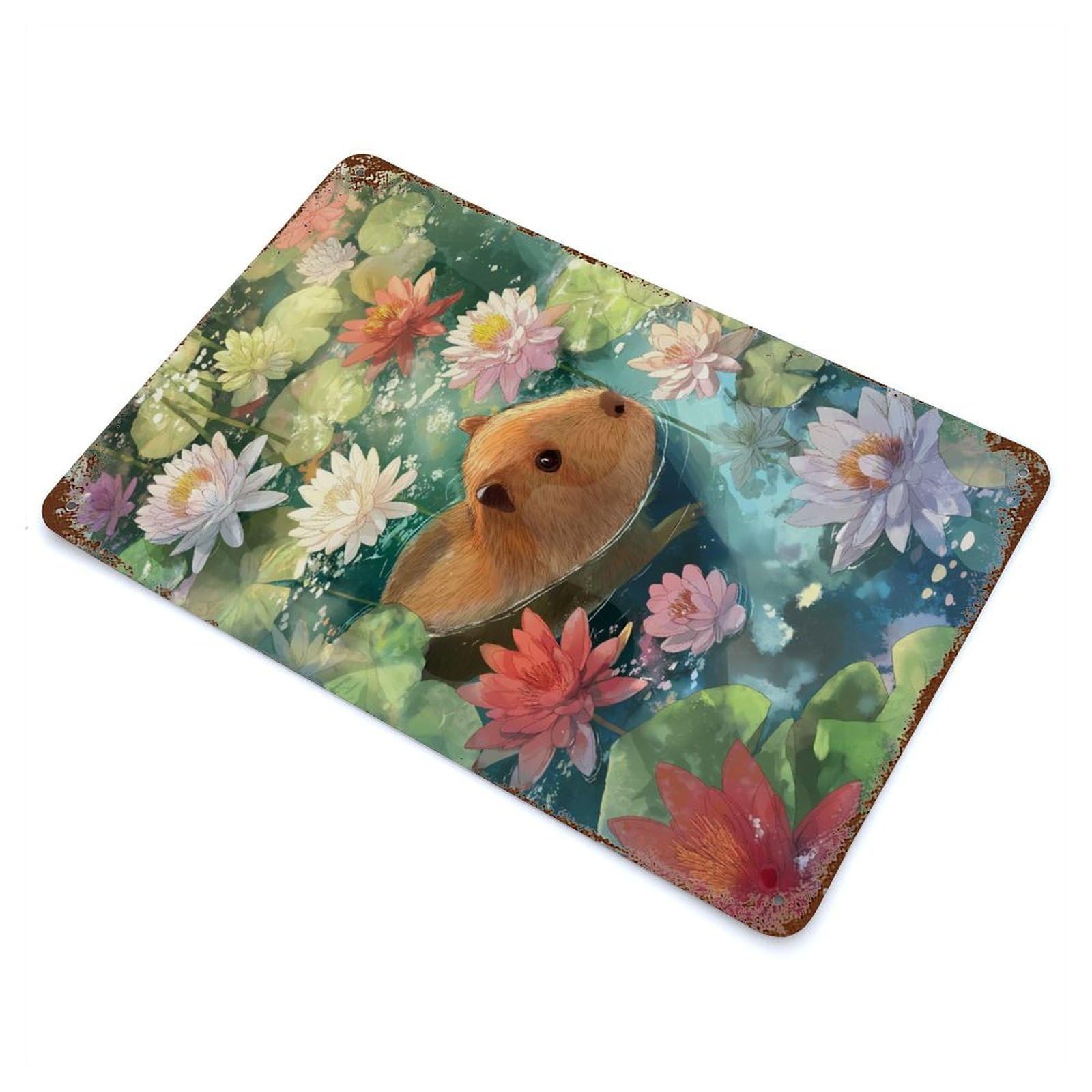Capybara in A Lily Pond Vintage Wall Sign 11.8"x7.9", Rust Effect Metal Decor for Farmhouse, Kitchen And Entryway Decor