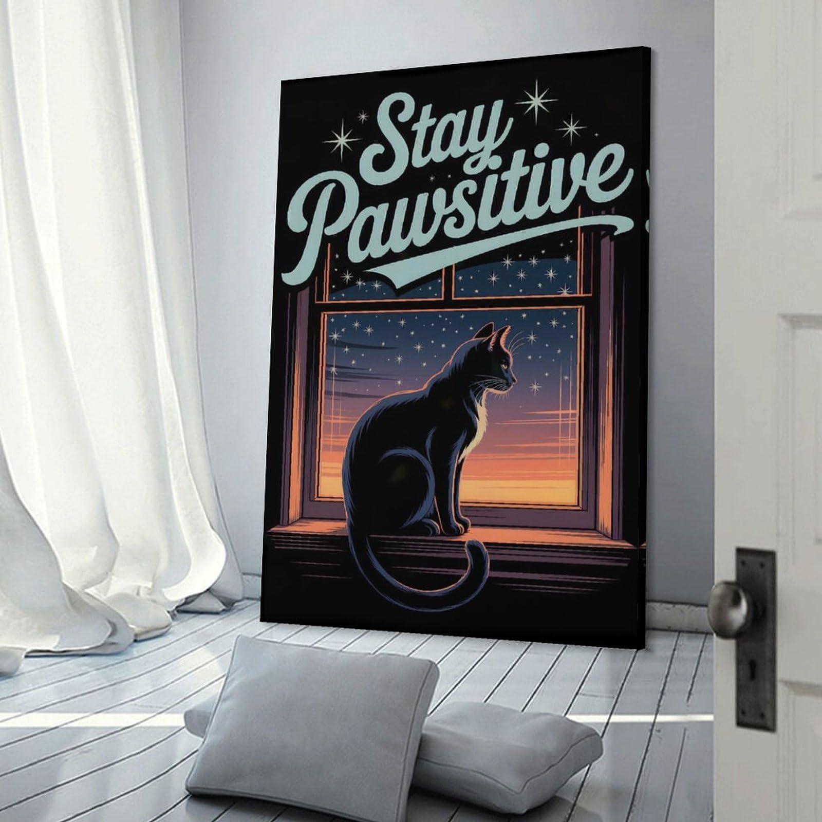 Junmoney Room Decor Wall Art Stay Pawsitive Cat Window Starry Night, 24x36inch(60x90cm), for Flats, Guest Rooms Or Compact Rooms, Wall Decor with Flexible Room Appeal
