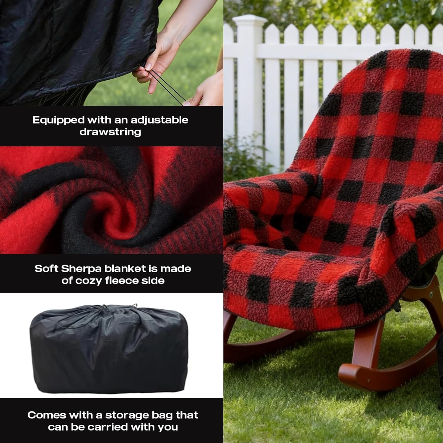 Reversible Double Sided Chair Blanket for Adults, Waterproof Cozy Sherpa Camping Blanket All-Season Use Folding Outdoor Chair Covers for Patio, Bonfire, Pool & Adirondack Chair (Includes Carry Bag)