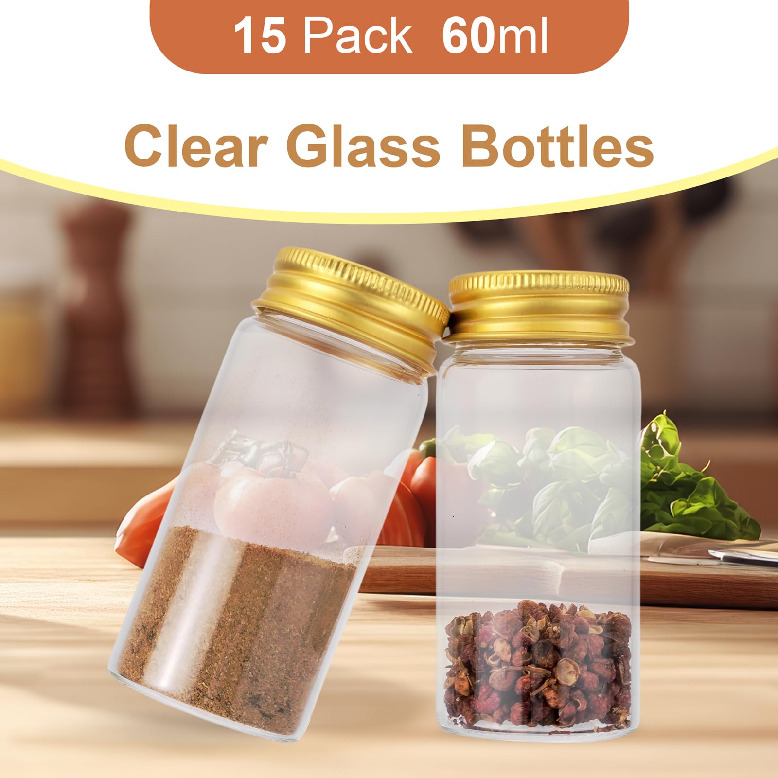 JIUWU 15-Pack Glass Bottles,60mL Small Bottles, 37x80mm 2oz Gold-Cap Jars with Lids, Mini Liquor & Spell Jars for Storage