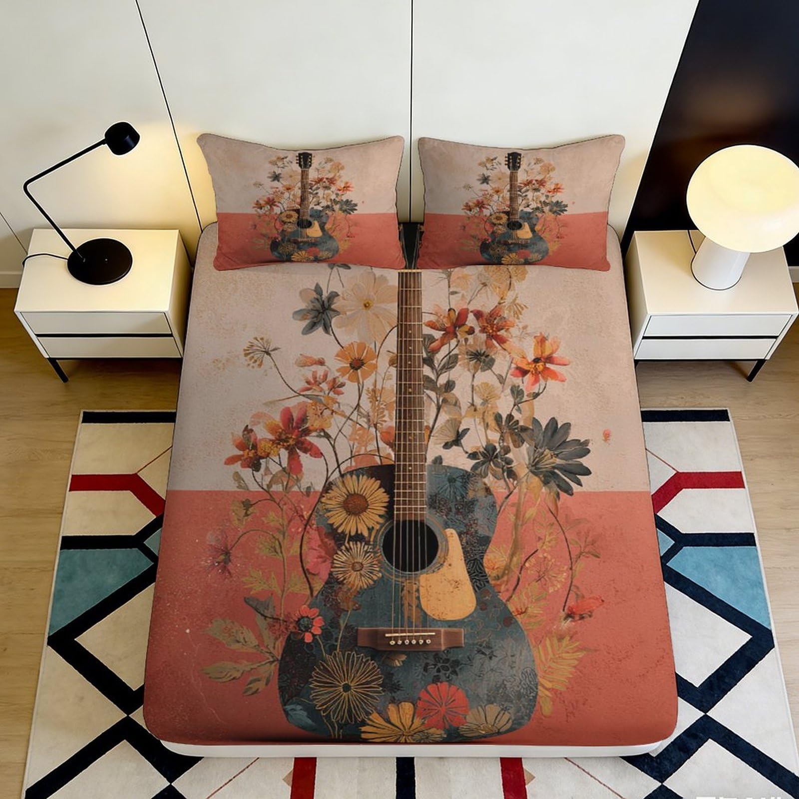 3D Printed Guitar Floral Fitted Sheet Microfiber Anti-Slip Artistic Bed Cover for Bedroom Guest Room Decor 90x200x25cm