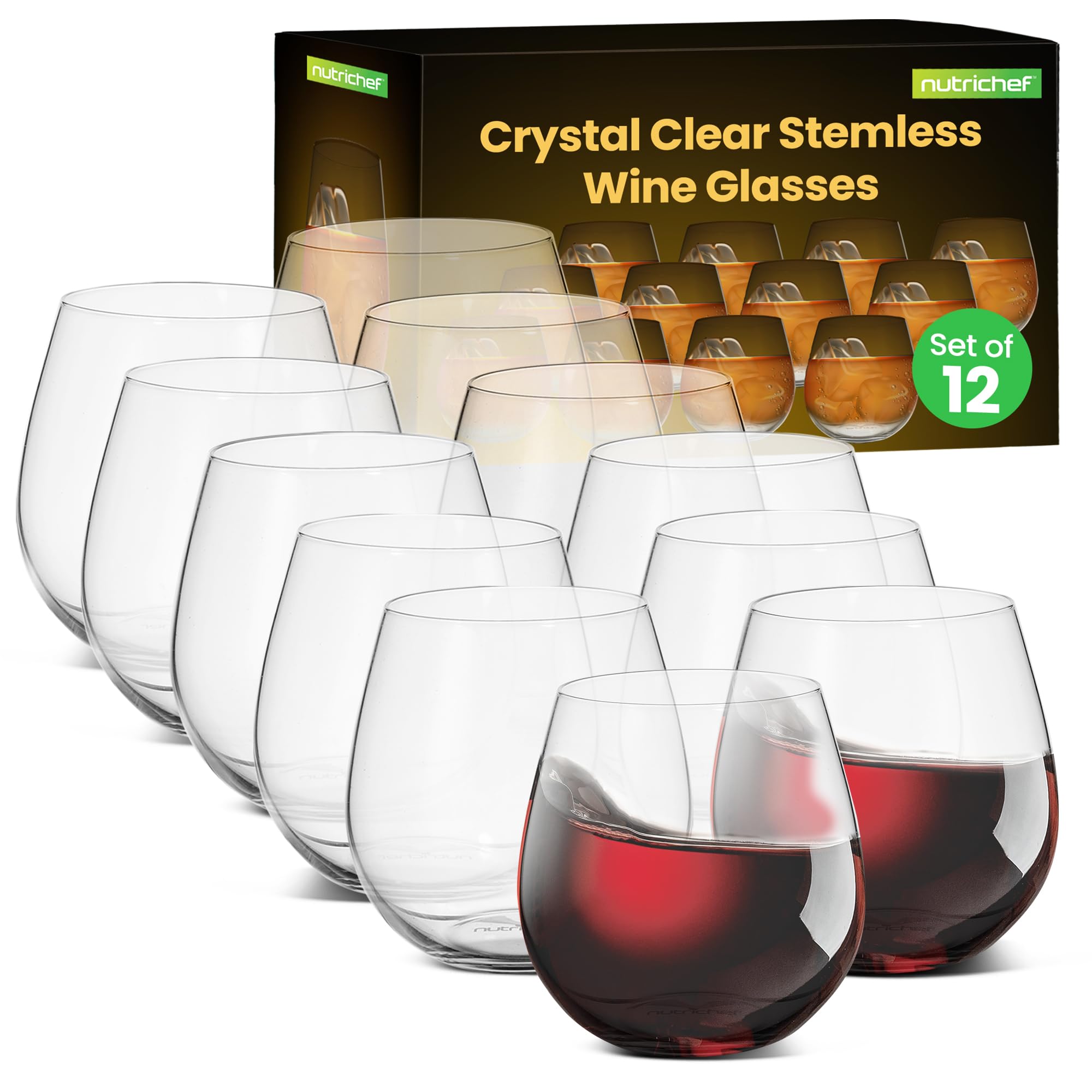 nutrichef 15 ounce stemless wine glasses (set of 12), ultra thin wine glass for red or white wine lead-free, dishwasher safe & hand blown seamless bowl - clear