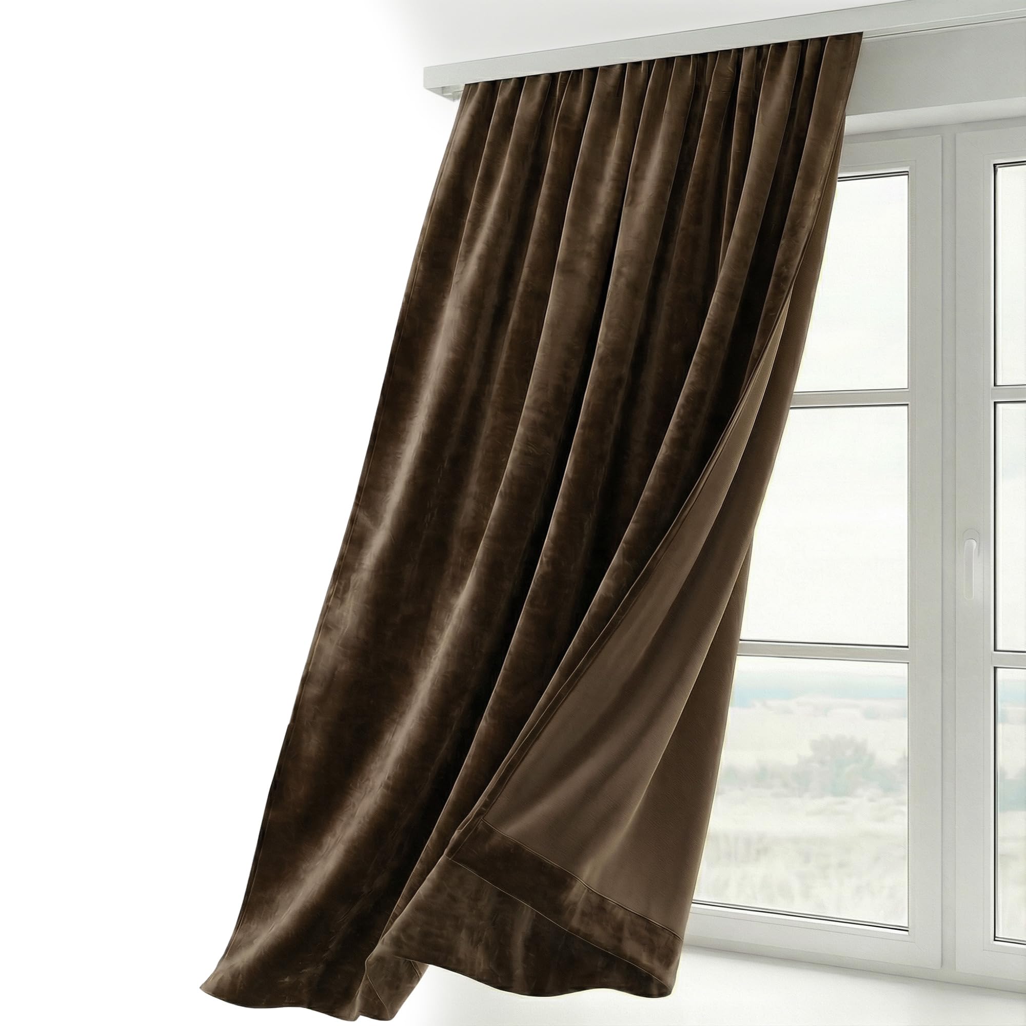 BEAUTEX Velvet Curtain, Ruffle Tape, U-Tape Curtain, Darkening and Opaque, 300 x 245 cm (Width 300 cm, Height 245 cm, Brown)