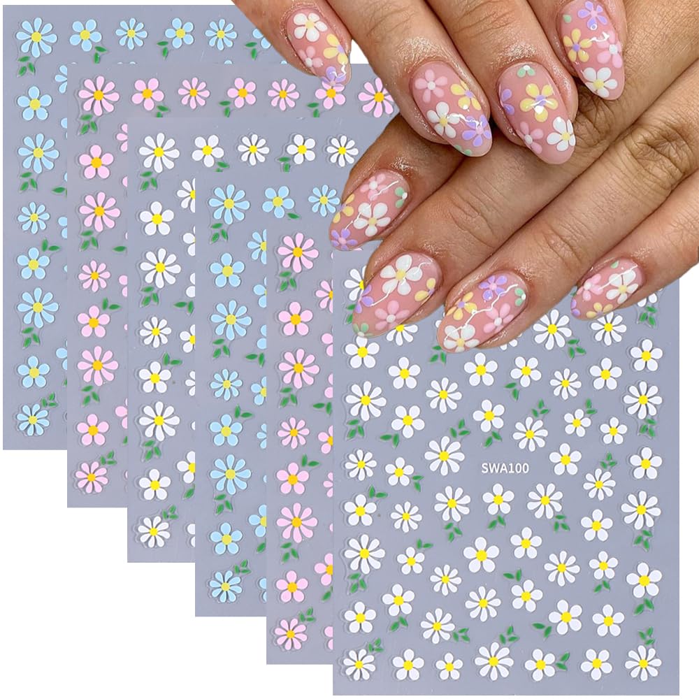 Daisy Flower Nail Art Stickers 3D Spring Floral Nail Decals Blue Pink White Colors Small Size Design Adhesive Sliders Cherry Blossom Manicure Sticker