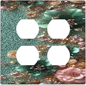 Decorative Outlet Covers Bling Green Rose Flowers Crystal Rhinestone Glitter 2 Gang Wall Plate Cover Double Duplex Receptacle Two Switch Light Switch Cover Plate Jumbo Dual Faceplate