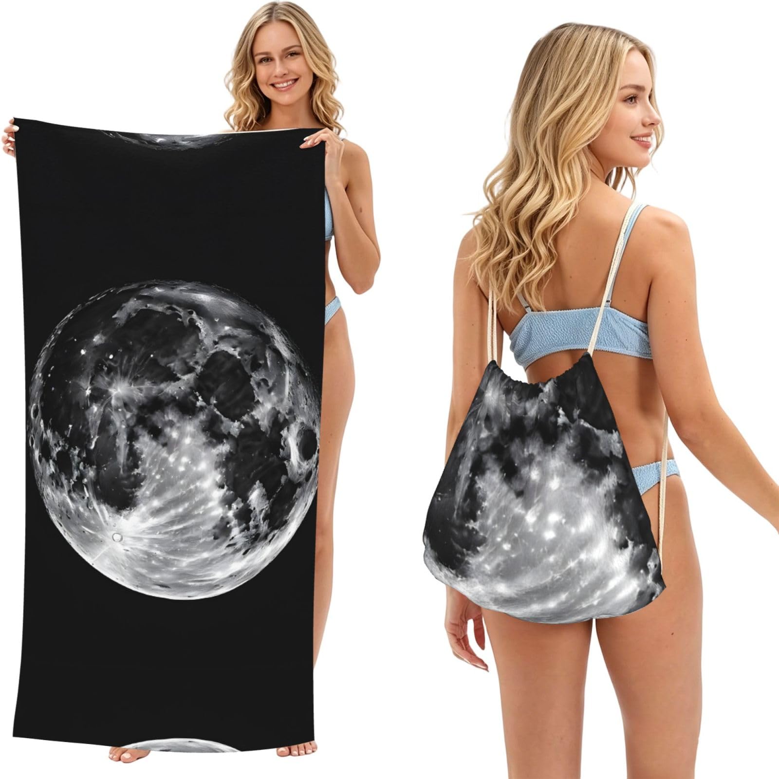 ESNAIUVCD Moon Print Beach Towel For Adults,Towel With Drawstring Bag, Travel Pool Swimming Sports Shower Sand Free Quick Dry Bath Towel For Pool, Beach, Yoga- 180x60cm