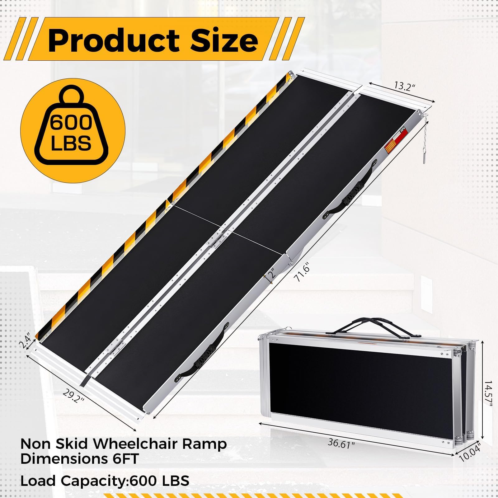 Garvee Rampa Plegable de Aluminio para Silla de Ruedas, Portátil Antideslizante con Barreras de Seguridad y Tiras Reflectantes, para Escalones, Bordillos y Puertas (182 x 74CM)