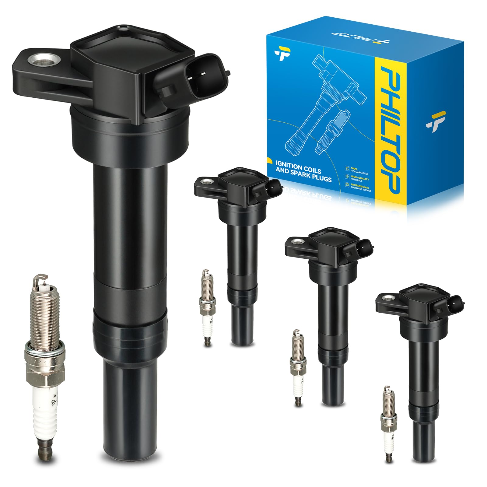 PHILTOP Ignition Coil Pack and Spark Plugs Fits for Hyundai 2012-2015 Elantra,2013-2020 Elantra GT,Soul,Tucson,2013-2014 Elantra Coupe,Kia 2014-2018 Forte,Forte5,Forte Koup,Set of 4 Replaces# UF651