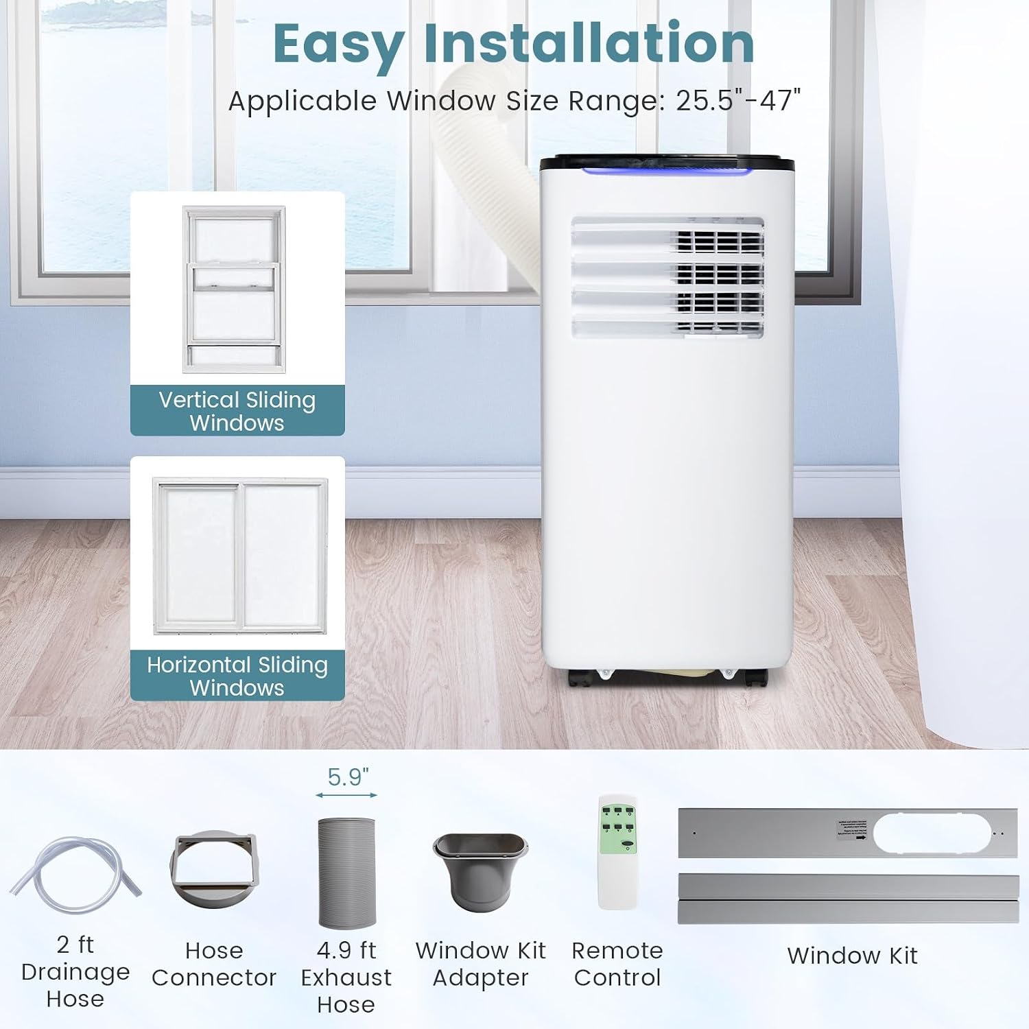 KOTEK Portable Air Conditioner for Room up to 350 Sq. Ft, 10000 BTU 3-in-1 AC Unit for Bedroom with Dehumidifier/Fan/Cool/Sleep Mode, 24H Timer/Window Kit/Remote, Portable AC for Home Office(10000BTU)