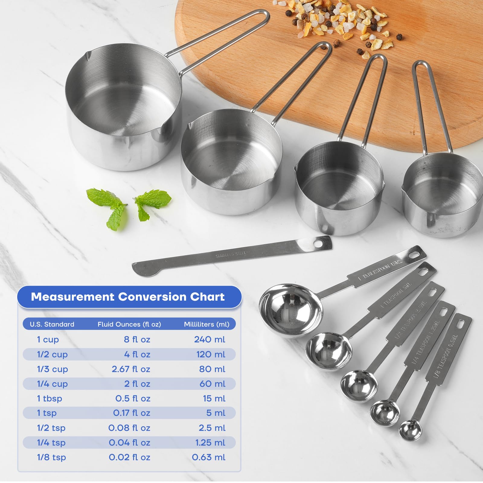 10-Piece Stainless Steel Measuring Cups and Spoons Set for Home Baking Essentials, Dishwasher Safe Kitchen Tools