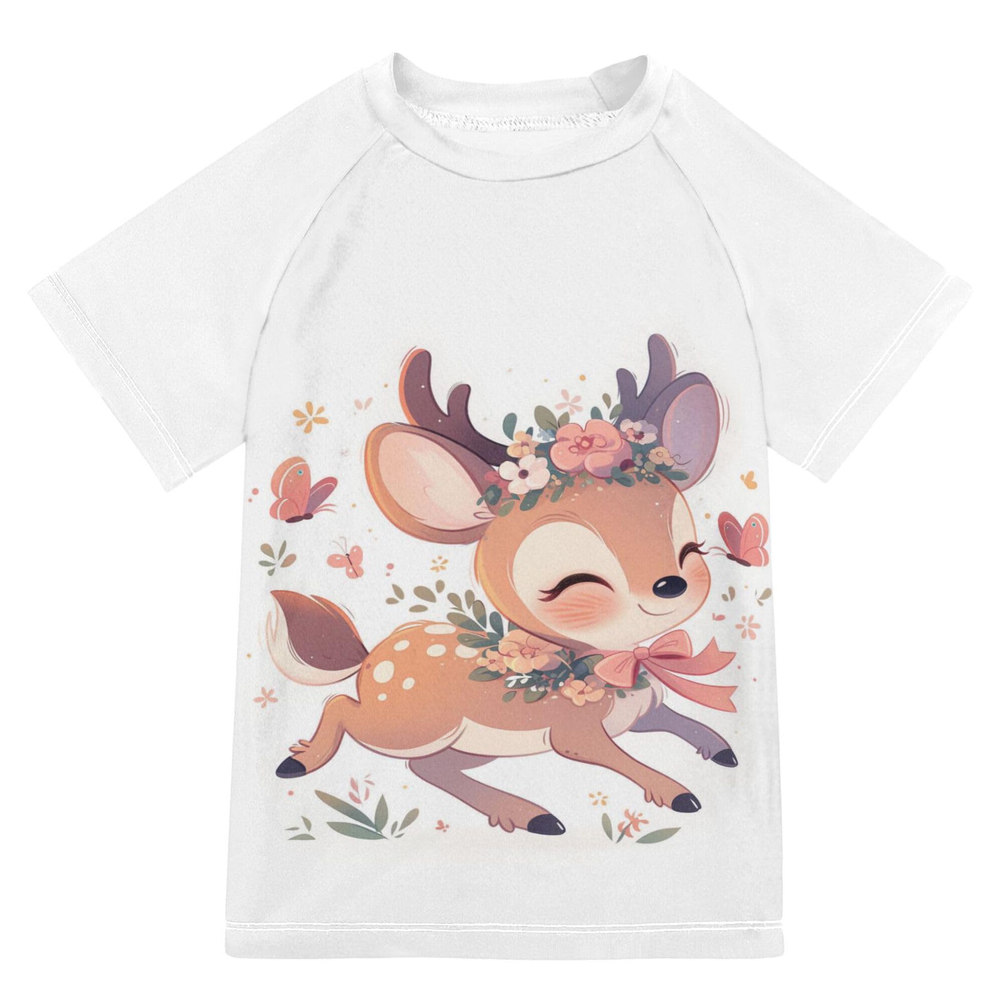 Wudan Cute Deer Flowers Girls Bathing Suit UV Protection Girls Rashguard Swimwears Workout Shirts for Teen Boys 11-12Y