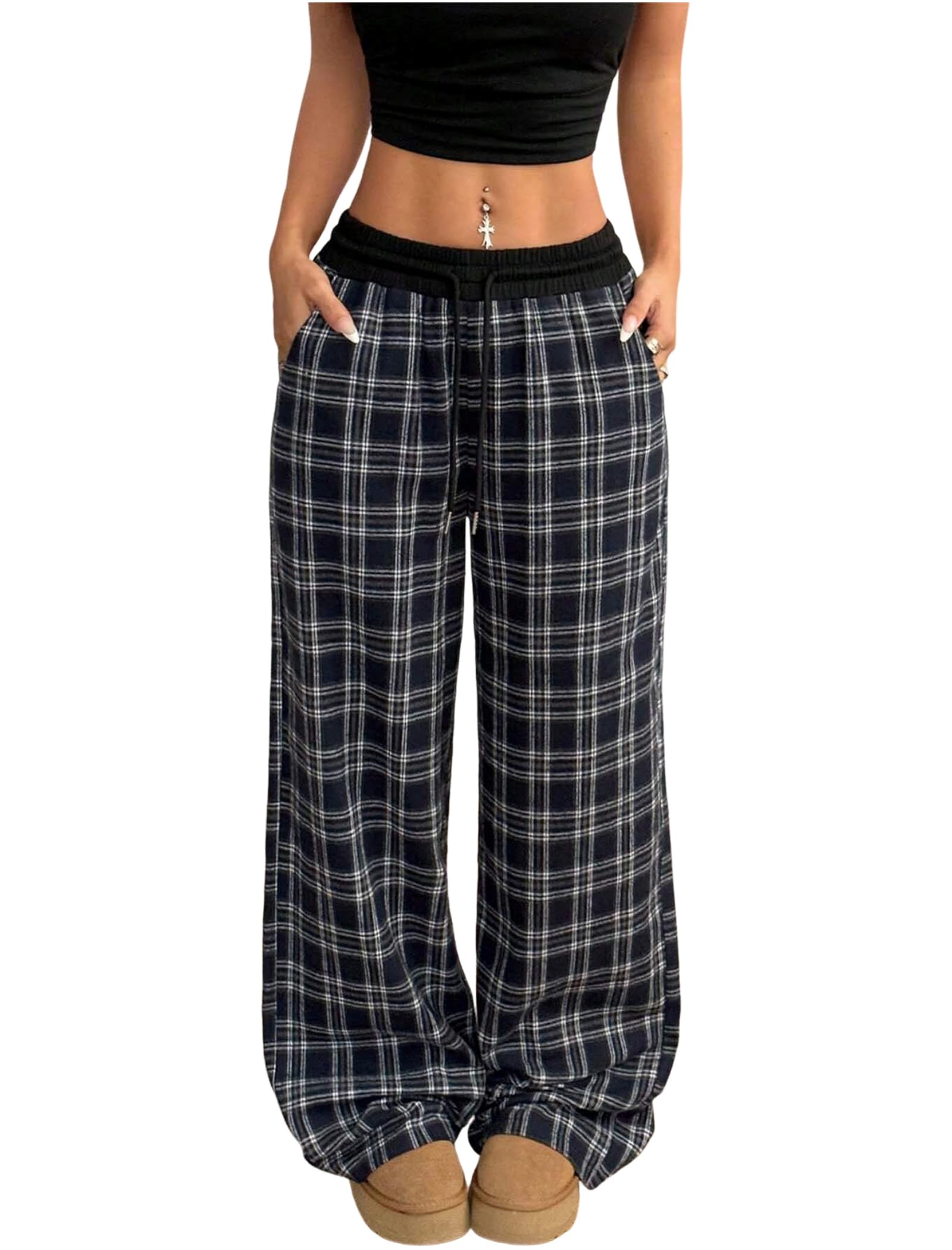 ZAFUL Womens Wide Leg Pants Drawstring Waist Vintage Casual Loose Plaid Trousers