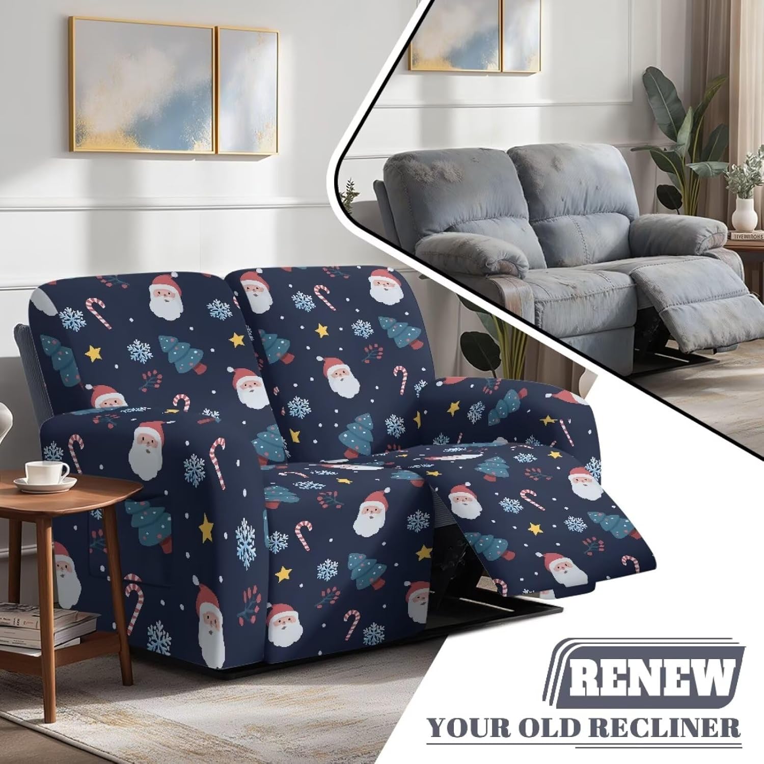 Suobstales Santa Claus Tree Snowflake Candy Print Loveseat Recliner Slipcover Christmas Decor Stretch Recliner Sofa Cover for 2 Seat Reclining Loveseat Couch, Furniture Protector with Elastic Bottom
