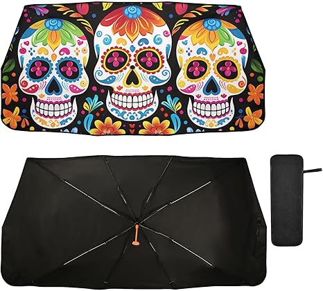 ALAZA Car Front Windshield Sunshade,Cute Sugar Skull with Flowers Sun Visor Umbrella,Foldable,Protect Interior & Keep Cool,Suitable Most Vehicles,58