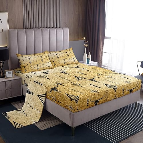 Miniatura 14 de Erosebridal Juego de sábanas bohemias tamaño Queen Azteca para hombres jóvenes, sábanas de cuernos abstractos occidentales, misterioso arte Azteca