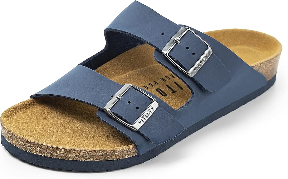 FITORY Mens Sandals, Arch Support Slides with Adjustable Buckle Straps and Cork Footbed