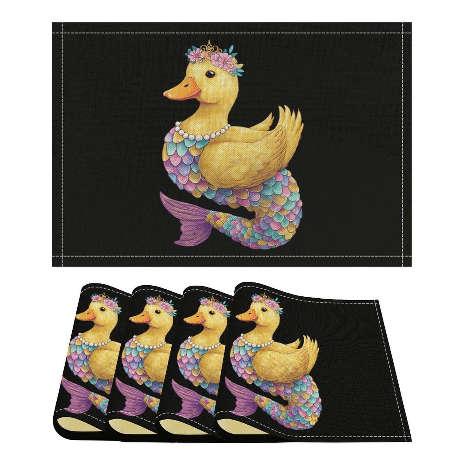 Duck with Mermaid Tail Funny Linen Placemats Heat Resistant Table Mats for Dining Kitchen 18 X 12 Inch