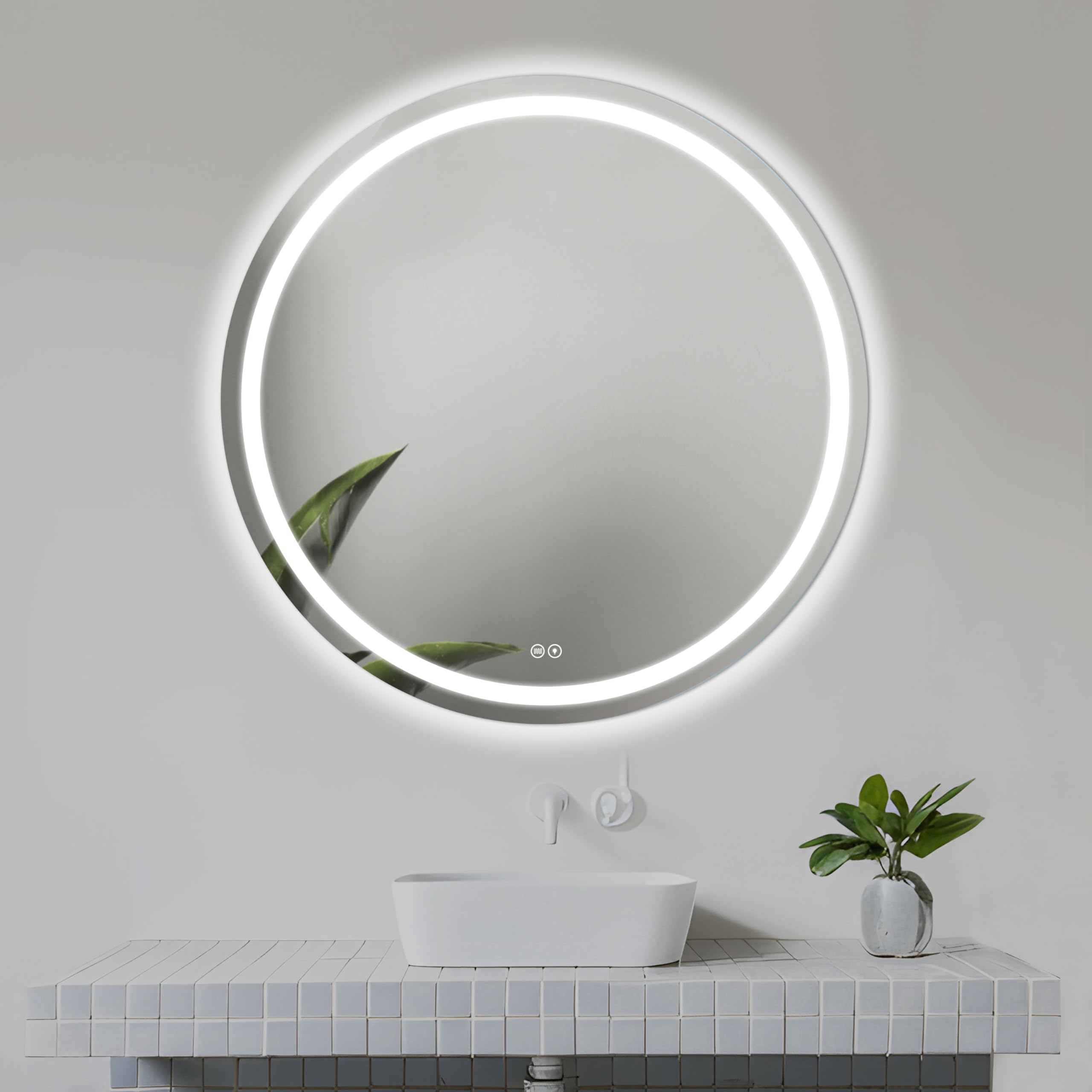 Home Glow Venti 80cm Round Bathroom Mirror with LED Lights, Round LED Bathroom Mirror with Anti-Fog system, equipped with a Heat Mat that prevents fog creation.