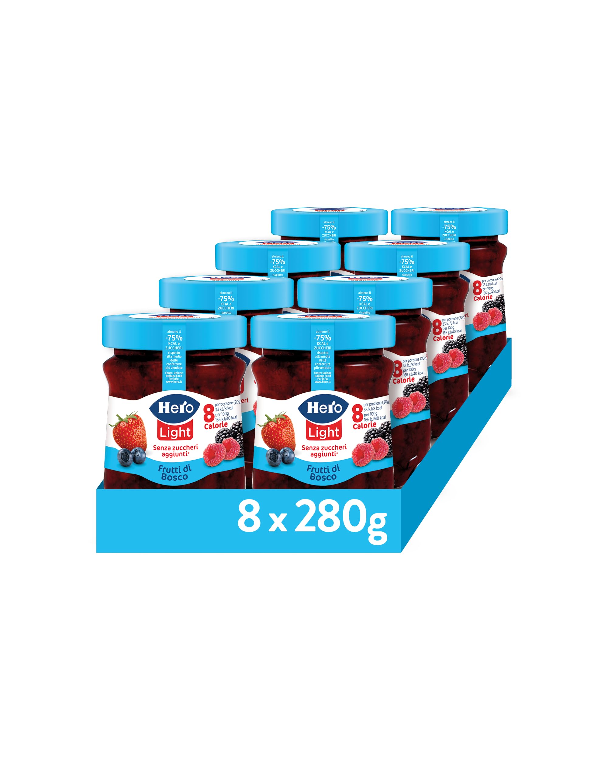 Hero Light Confettura di Frutti di Bosco Light, 8 Vasetti da 280 gr, Marmellata e Confettura Extra, Frutta di Alta Qualità, Senza Conservanti e Coloranti, Pochissime Calorie per Porzione