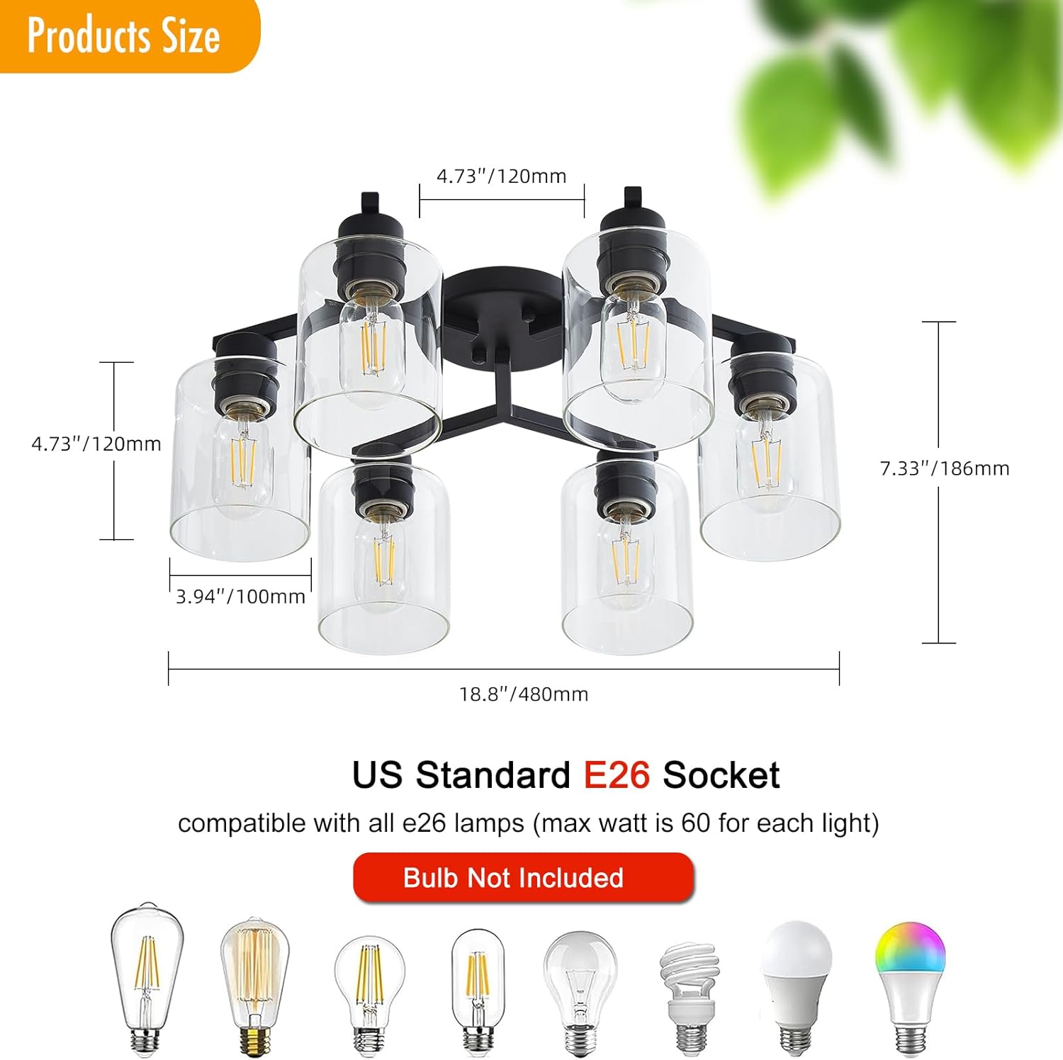 6 Light Semi Flush Mount Ceiling Light Black Kitchen Lighting Fixtures Ceiling Industrial Large Cieling Light Fixtures, with Clear Glass Shade for Dining Room Living Room Kitchen Island Farmhouse