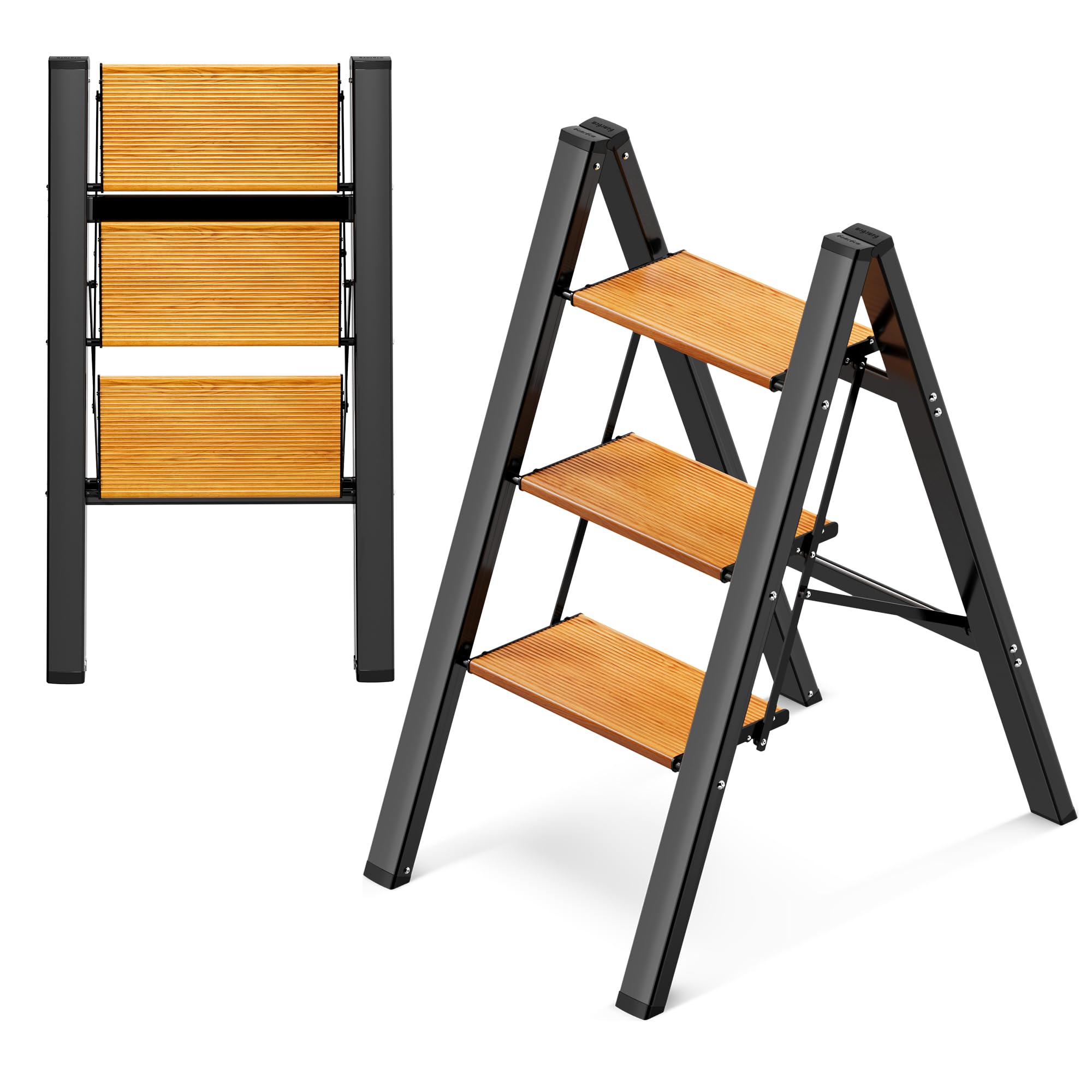 GameGem 3 Step Ladder, Aluminum Folding Step Stool with Anti-Slip Sturdy and Wide Pedal, Lightweight Portable Stepladder for Home and Kitchen Use Space Saving, 330 lbs, Black Woodgrain