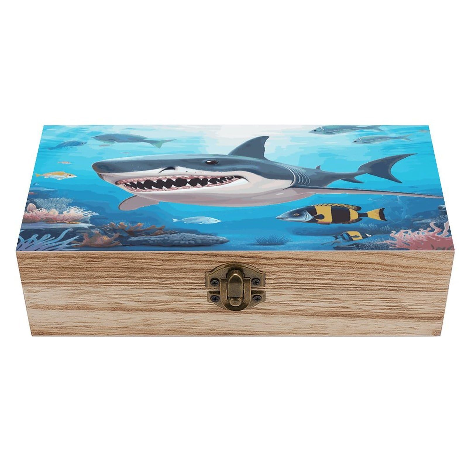 Adfgyerh Style Shark Ocean Theme Bins Solid Wood，Jewelry Box Retro And Exquisite，Storage Box Used For Storing Photos, Souvenirs, Letters, Gifts, And Jewelry.