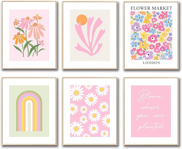 Décor de salle d'esthétique rose - Ensemble de 6 Affiches murales florales, Décoration murale Boho pour les adolescentes, Décoration murale Pastel Dorm Room, Mignon 8"x10" Affiches non encadrées, Imprimantes florales pour la chambre, Décoration moderne de salle pour adolescents