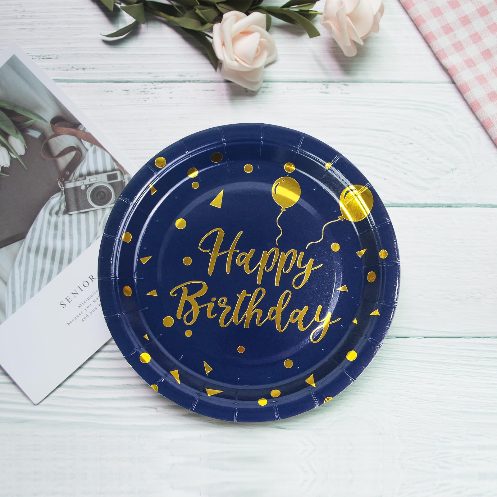 Geburtstag Partygeschirr Set Blau & Gold Für 16 Personen | Inkl. Teller, Becher, Servietten, Strohhalme & Tischdecke
