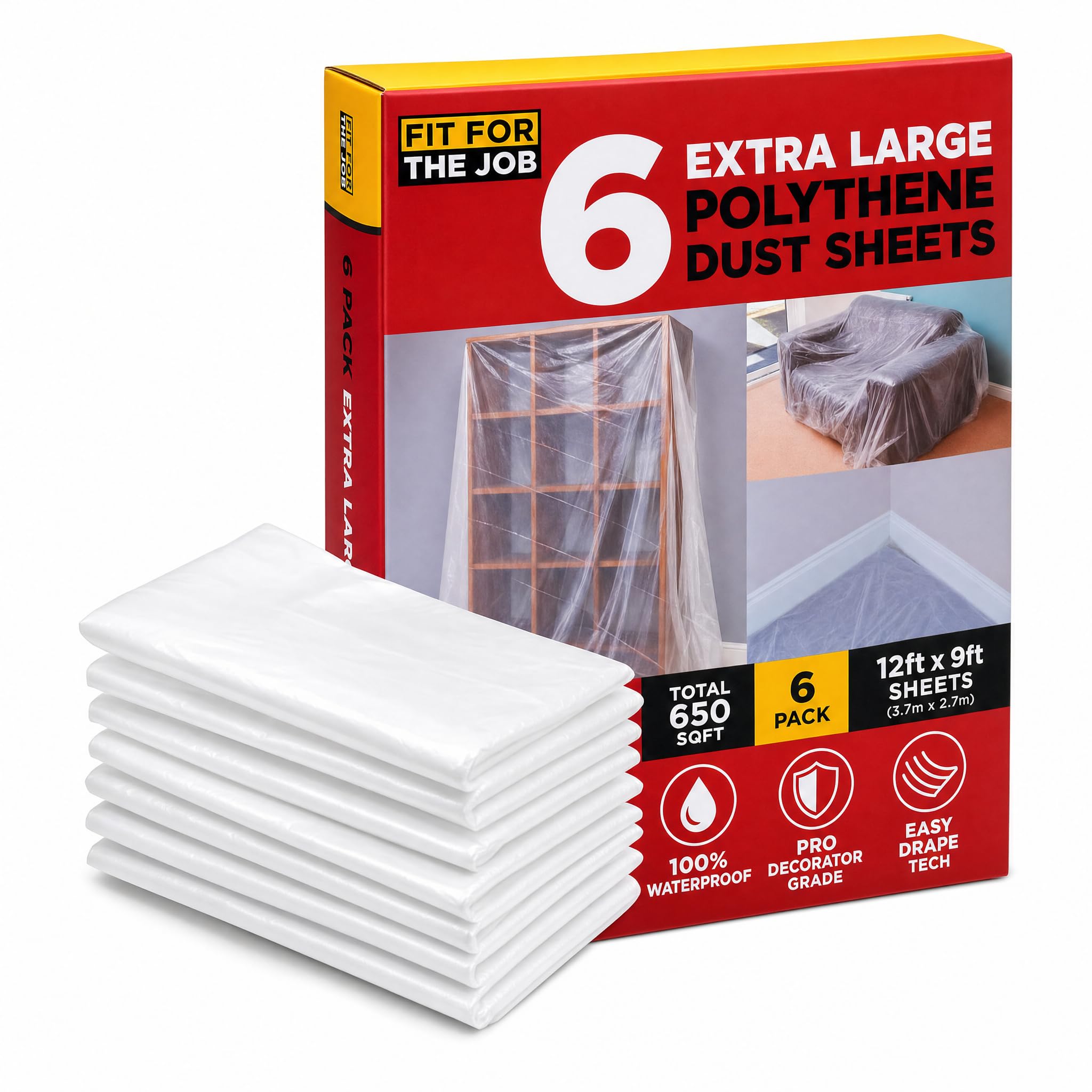 Fit For The Job 6 pack 12ft x 9ft 3.6m x 2.7m Total 650sqft Polythene Dust New