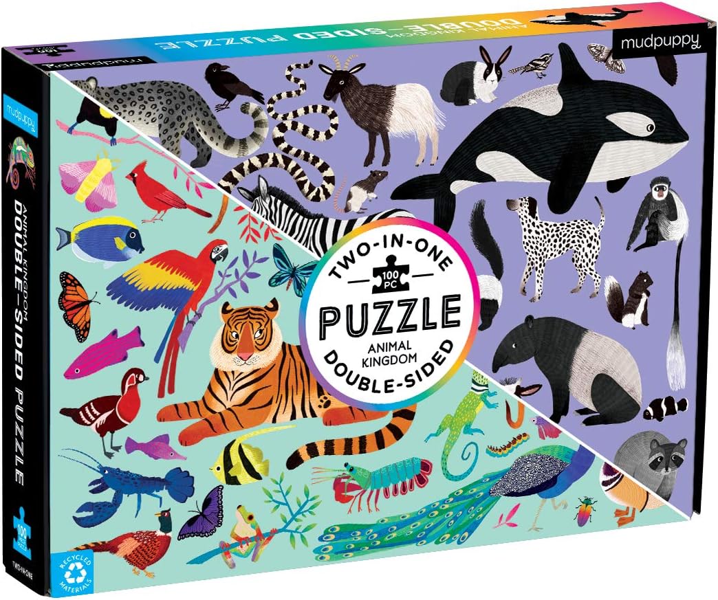 Mudpuppy Animal Kingdom Double-Sided Puzzle, 100 Pieces, 22”x16.5” – Perfect Family Puzzle for Ages 6+ - With Colorful Animals on One Side, Black and White Animals on the Other– Two Puzzles in One Box