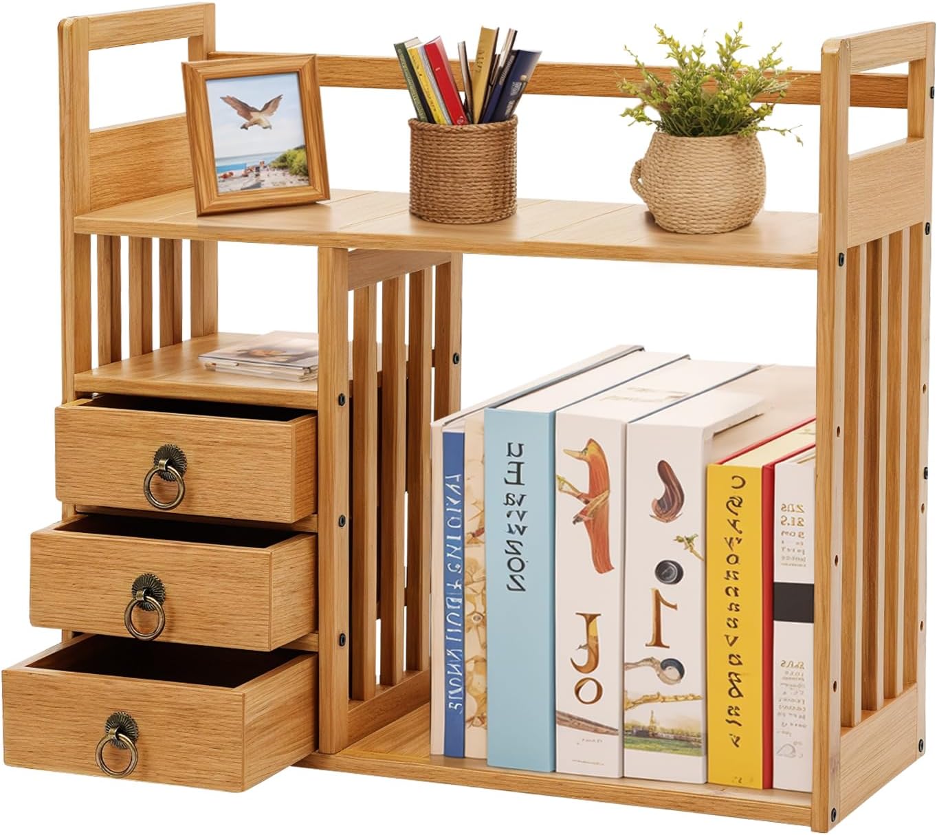 Bamboo Desktop Bookshelf, Desk Organizer Display Shelf with 3 Drawers, Counter Top Bookcase Wood Tone Display Shelf Rack Multipurpose Bookshelf for Home Office