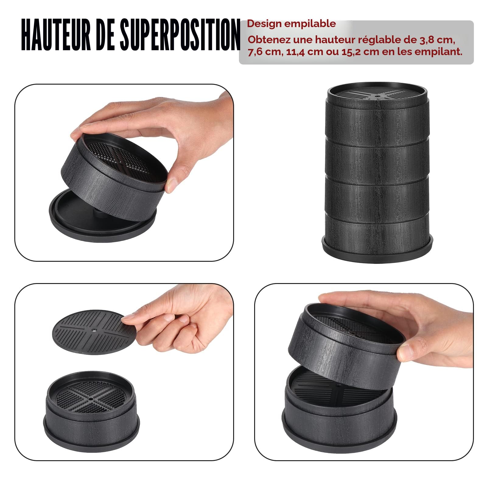 Lot de 8 rehausseurs de Meubles empilables Robustes de, Hauteur réglable Pied de Meubles pour Table, Chaise, canapé, rehausseurs antidéapants pour Meubles jusqu'à 1000 kg