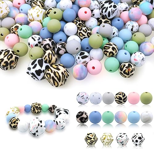 DIYOMR Juego de 120 cuentas de silicona coloridas, cuentas de impresión artística con borla de cuerda en organizador de plástico, cuentas sueltas de