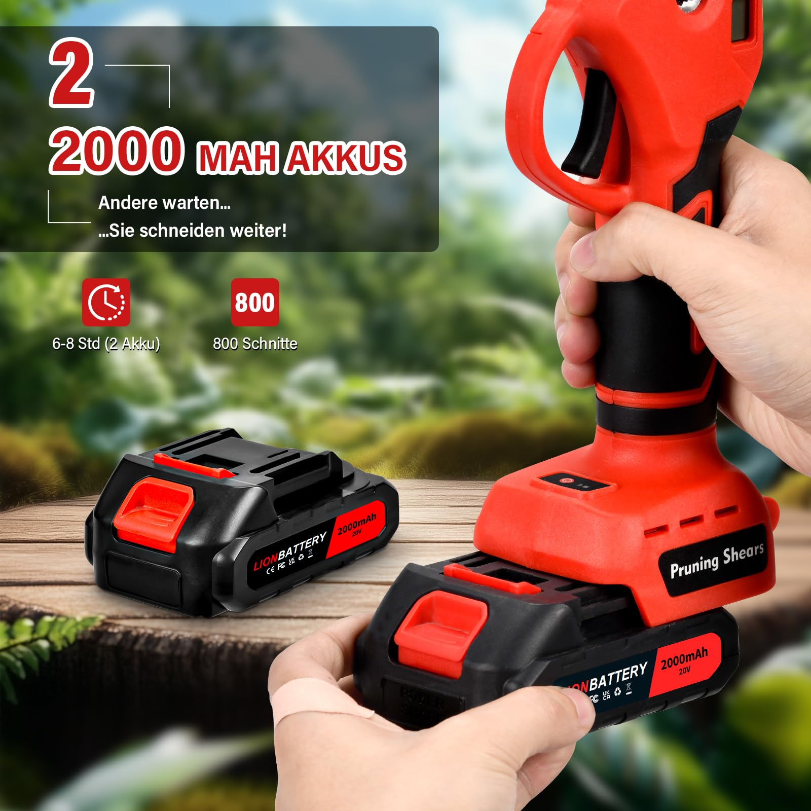 Akku-Astschere, 30MM Gartenschere mit 2 Akku 2000mAh, Bürstenloser Motor Elektrische Bypass Baumschere, LCD Anzeige, Akku Baumschere für Äste, Büsche und Stämme