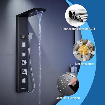 Shower Tower Panel with Mixer, 5-Function Shower Column with LED Temperature Display Rain&Waterfall, Massage Jets, Handheld Shower and Bath Spout, Shower Panel 304 Stainless Steel, Black